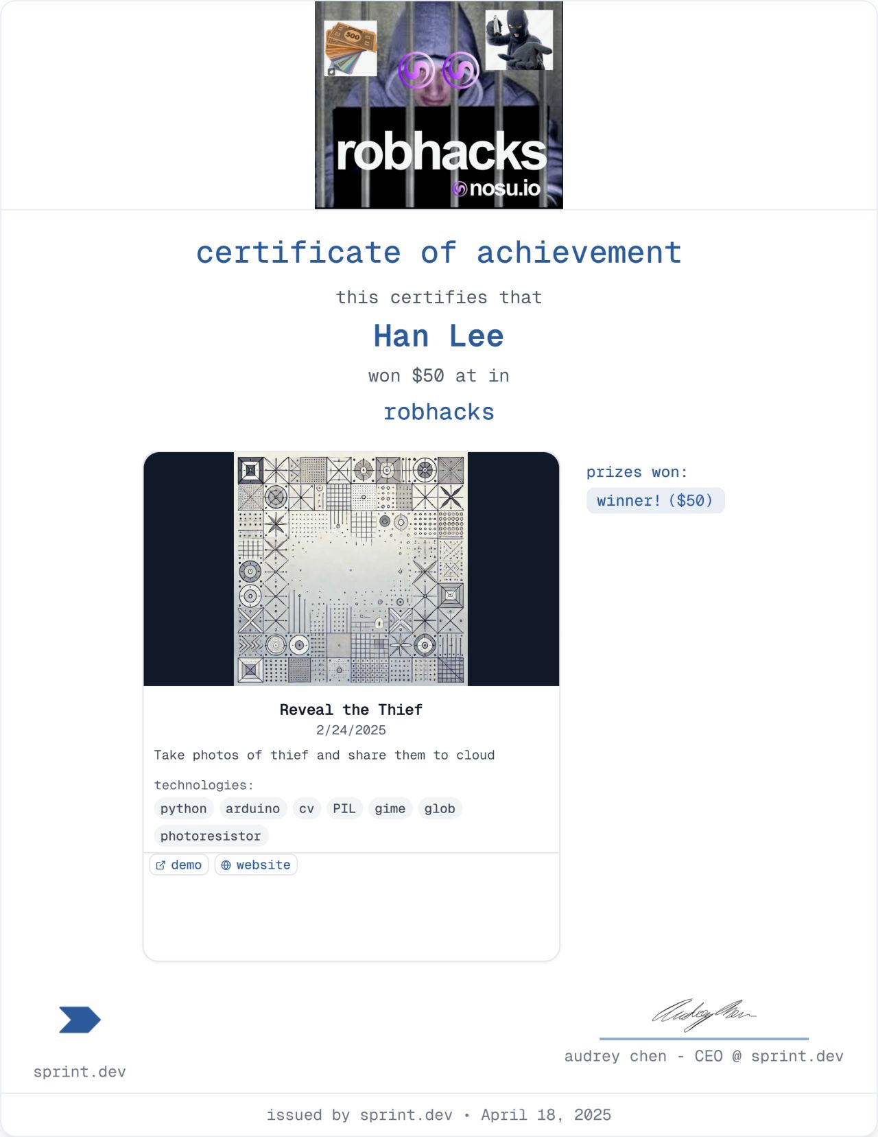 RobHacks 2026 winner with RobHacks